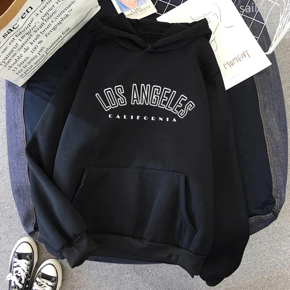 Los Angeles Kangaroo Pocket Hoodie Letter Print Sweatshirts Women Los Angeles Casual Long Sleeve Hiphop Streetwear Harajuku
