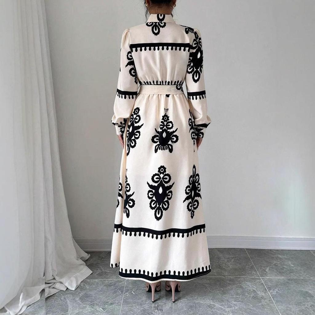 2025 Autumn/Winter European & American Print Lace-Up Long Sleeve Dress