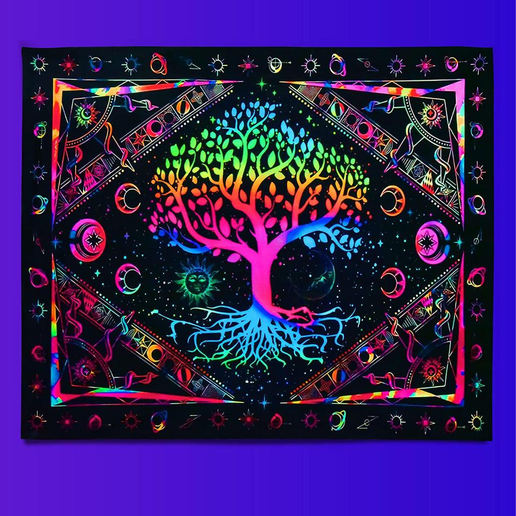 Tapeçaria fluorescente colorida psicodélica de luz negra da árvore da vida com resposta UV para pendurar na parede decoração de quarto hippie
