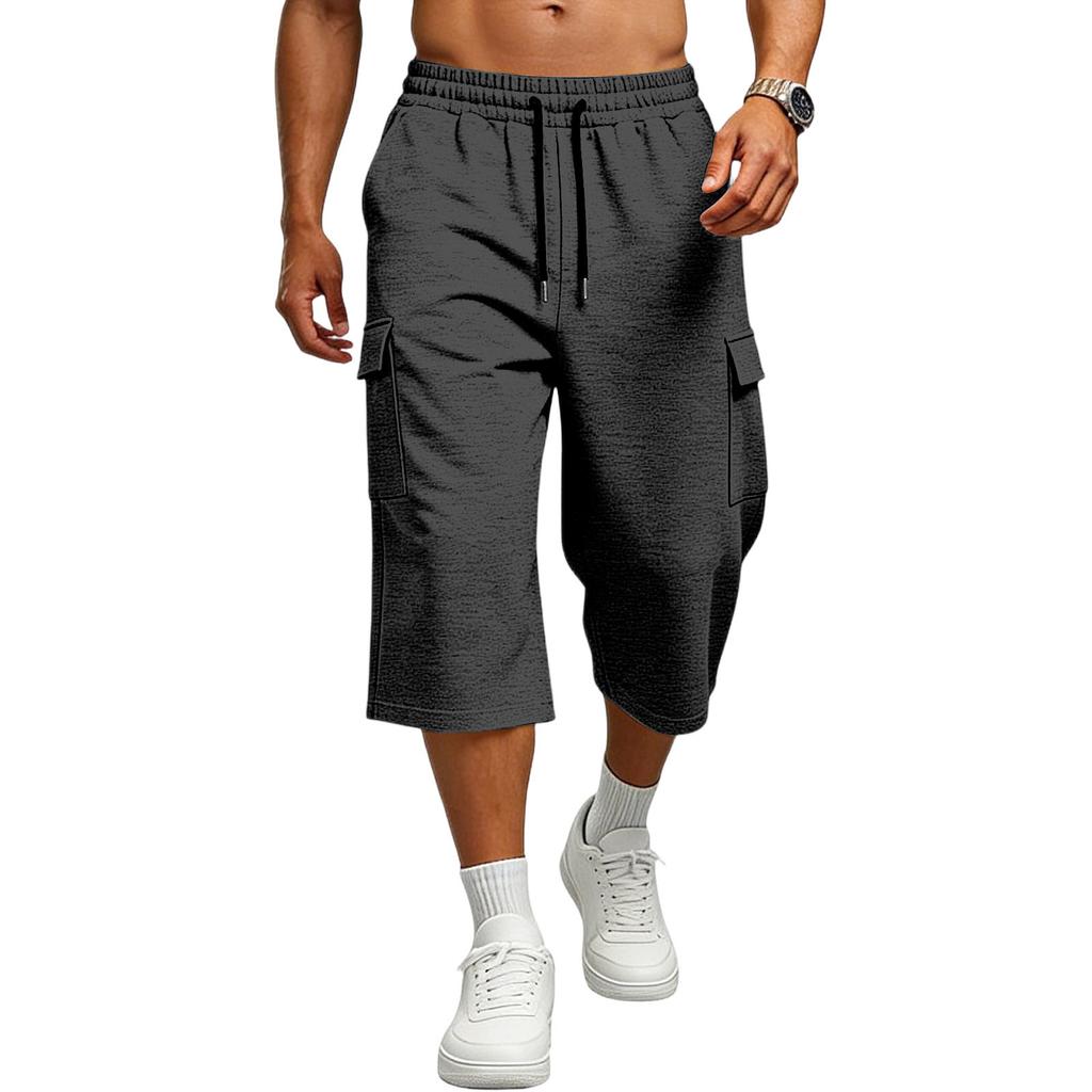 Mens Casual Drawstring Waist Cargo Shorts Knee Length Loose Fit Multi Pocket Lightweight Fabric Design