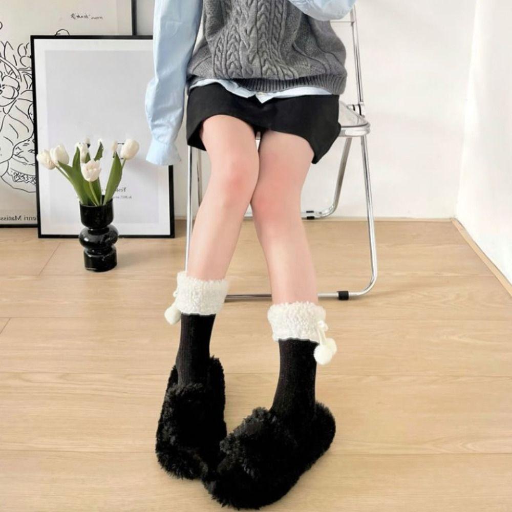Plush Balls Winter Socks Women Y2K Coral Fleece Socks Kawaii Woolen Lolita Socks  Winter