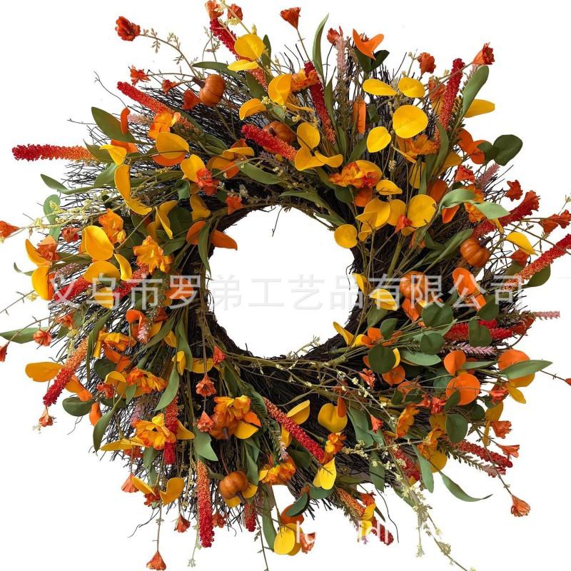 Harvest Wreath With Pumpkins Berries Vine Circle Halloween Thanksgiving Door Decor