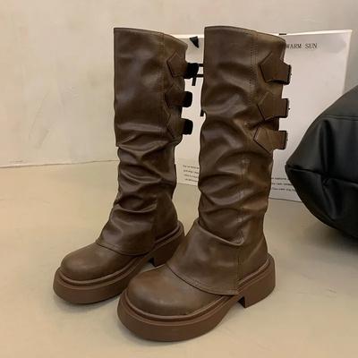 Botas de Caballero de Plataforma de Cuero de Diseñador de Moda para Mujer Botas hasta la Rodilla de Moda para Mujer con Suela Blanda Zapatos Casuales de Primavera Otoño Femeninos
