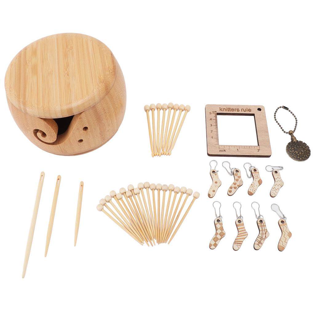 Wooden Yarn Bowl Crochet Bowl with Lid Round Bamboo Wood Knitting Bowl with Holes and Crochet Hooks