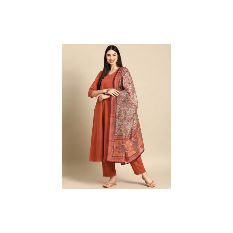 GoSriKi Women s Cotton Blend Anarkali Printed Kurta with Pant & Dupatta (UTSAV Peach-GS_L_Peach_Large) 2XL персиковый