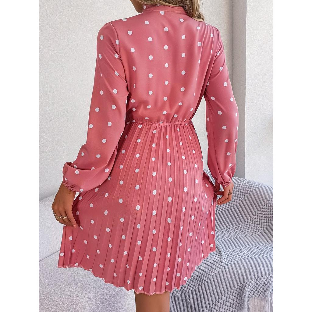 GMXIA Autumn and Winter Stylish Polka Dot Tie Waist-cinching Long-sleeved Pleated Skirt Women's Wear