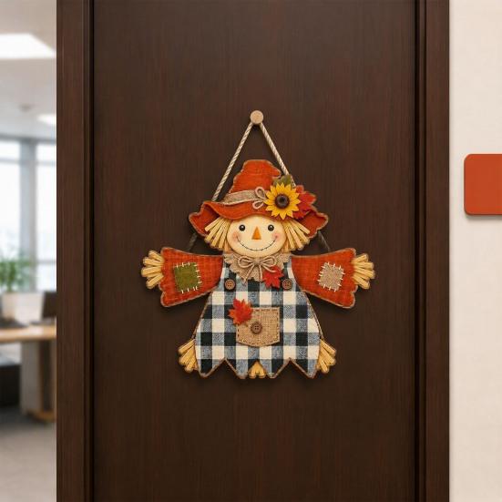 Front Door Welcome Sign Fall Wooden Hanging Sign, Autumn Scarecrow & Pumpkin Maple Leaf Entryway Ornament Hanger, Harvest Thanksgiving Decor,