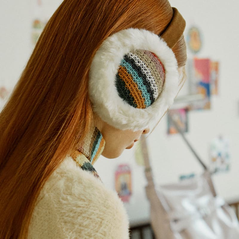 VVV [SET] Striped Fur Earmuffs & Muffler