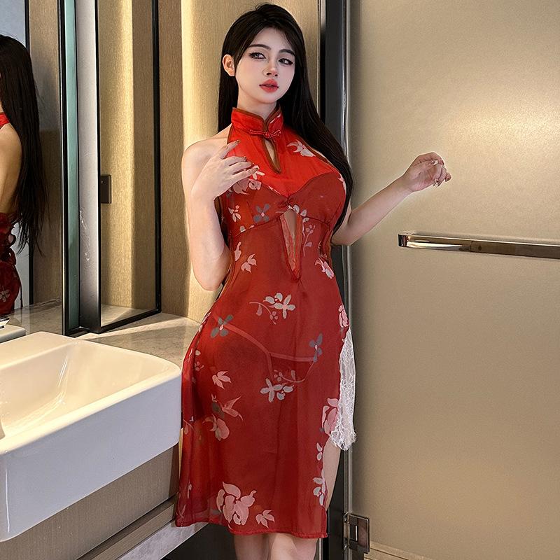 Sex underwear sexy printing new retro buckle cheongsam temptation hot hollow hip skirt set