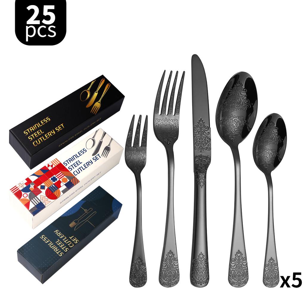 Double-Headed Flower Pattern Tableware Knife, Fork and Spoon 430 Stainless Steel Advanced Western Tableware 5 Main Pieces Suit