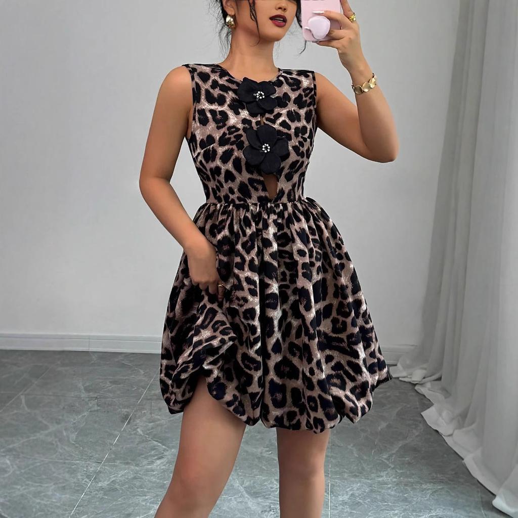 Women Leopard Print 3D Floral Decor Dress Summer Women Mature Style French Retro Patchwork Slim Sexy Elegant Women Maxi Dress