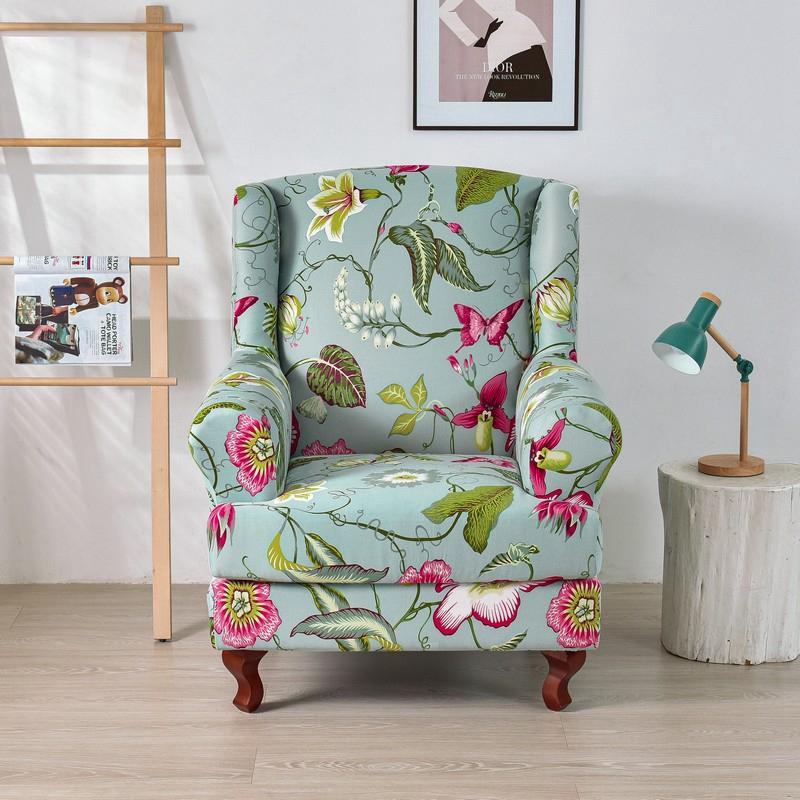 Stretch Wing Chair Cover Elastic Floral Armchair Covers Wingback Sofa Slipcover With Seat Cushion Cover Furniture Protector