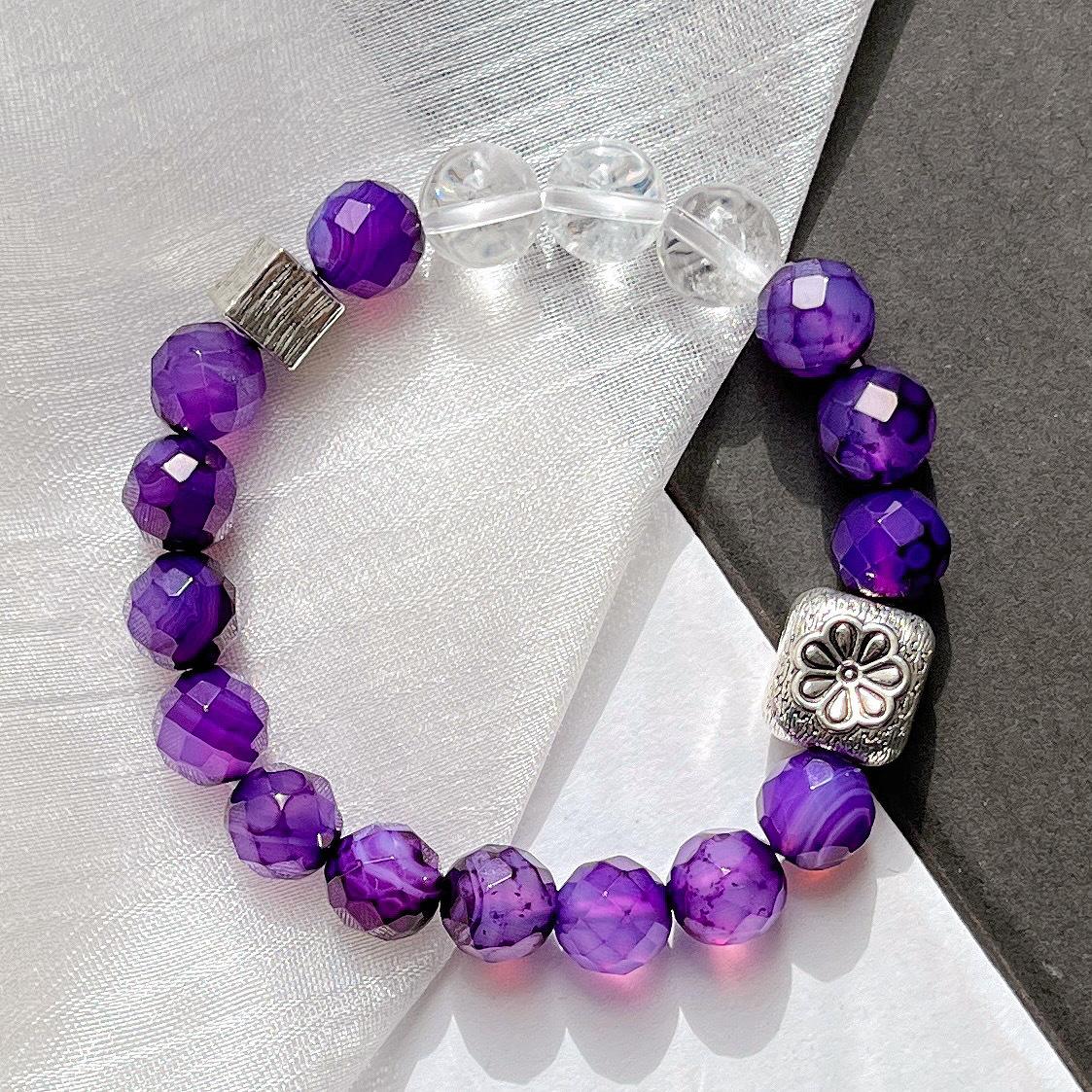 10Mm Natural White Crystal Purple Chalcedony Design Bracelet Bracelet