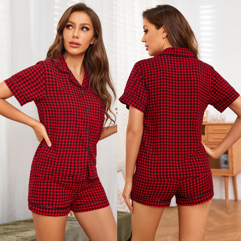 Women’s Sleep Lounge Wear Shirt and Short Pants 2 Pieces Sleeping Suit Leopard Plaid Pajamas Summer Home Casual Night Clothing Set