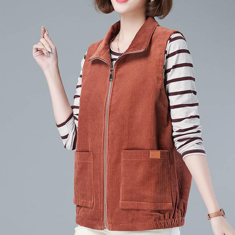 Spring and Autumn Middle-aged Vest Female Mothers Wear Lapel Outer Wear Corduroy Vest Solid Color Sleeveless Jacket