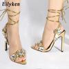 Eilyken Summer Stilettos Heels Rhinestones Sandals Women Pointed Toe Ankle Strap Crystal Wedding Ladies Shoes