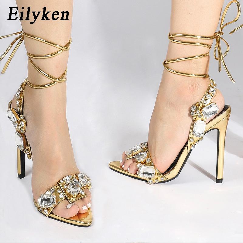 Eilyken Summer Stilettos Heels Rhinestones Sandals Women Pointed Toe Ankle Strap Crystal Wedding Ladies Shoes