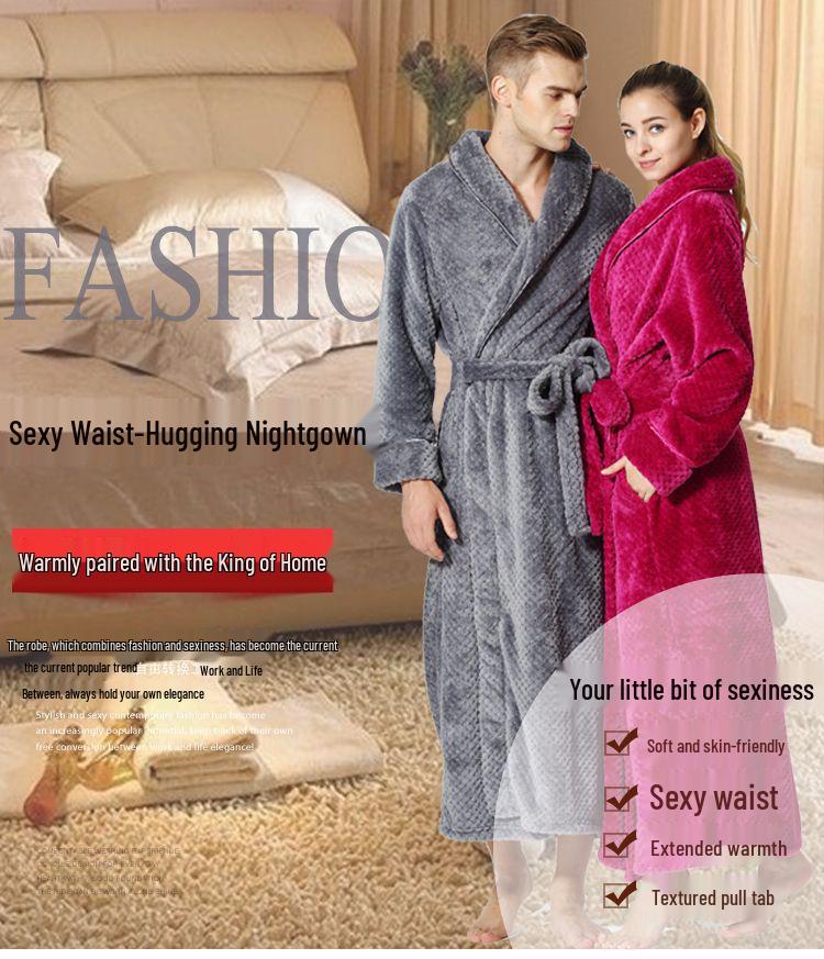 Extended Length Coral Fleece Bathrobe and Pajama Set for Men and Women - Plush, Thickened, Perfect for Winter and Autumn