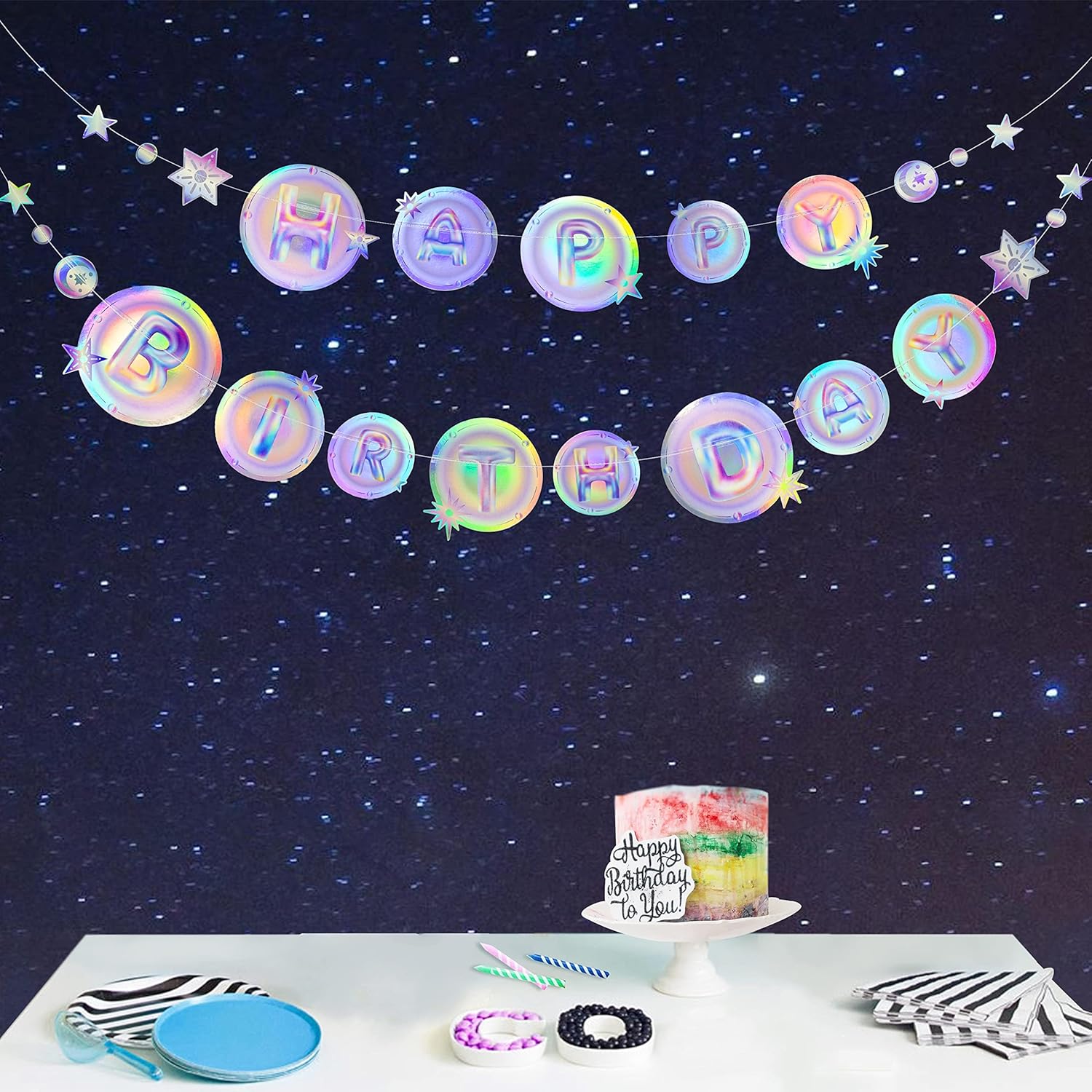 Cheerland Iridescent Galaxy Happy Birthday Banner Moon Star Birthday Party Decorations Space Garland Party Decor Planet Theme Happy Bday Letter Sign