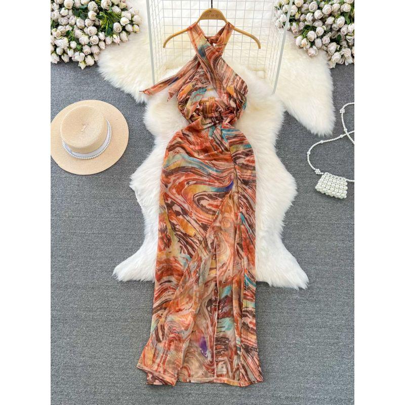 Socialite Blooming Print Backless Slit Dress Halterneck