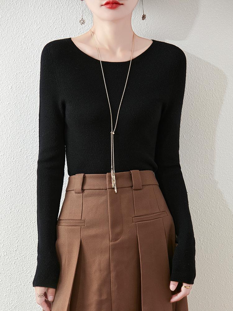 Women's Slim Fit Solid Color One-Shoulder Wool Sweater for Autumn/Winter