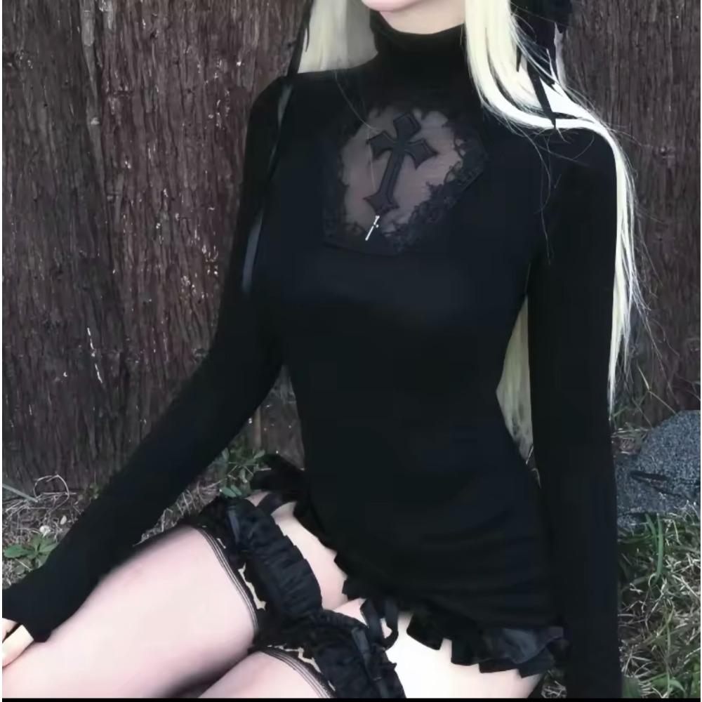 

VAYLA Водолазка Топ Y2k Одяг Чорний Готичний Хрест Порожнистий Схуднення Низ Футболка для Жінок Довгий Рукав Сексуальна Футболка Дівчачі Топи XL