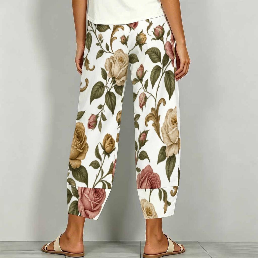 Women Plus Size Floral Printed Loose Cross Hem Cropped Pants