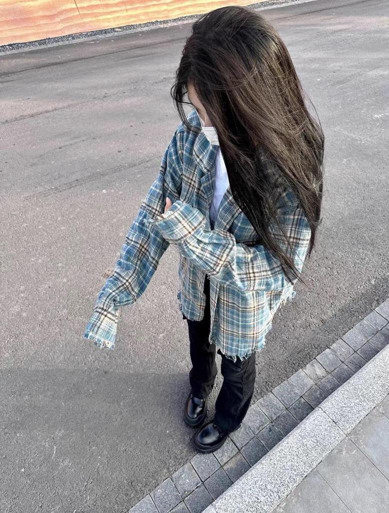 Retro Distressed Plaid Flannel Shirt with Tassels, Unisex Spring Loose Fit