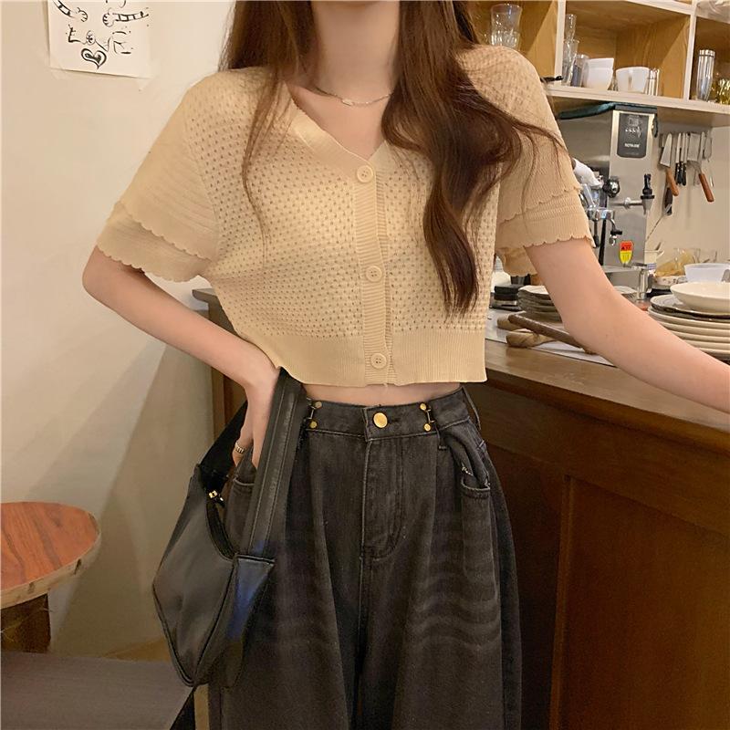 Mode Princesse Manches Bouffantes Manches Courtes Fin Col en V Cardigan Blouse Nombril Découvert Taille Haute Court Petit Chemisier Pull Tricoté Femme
