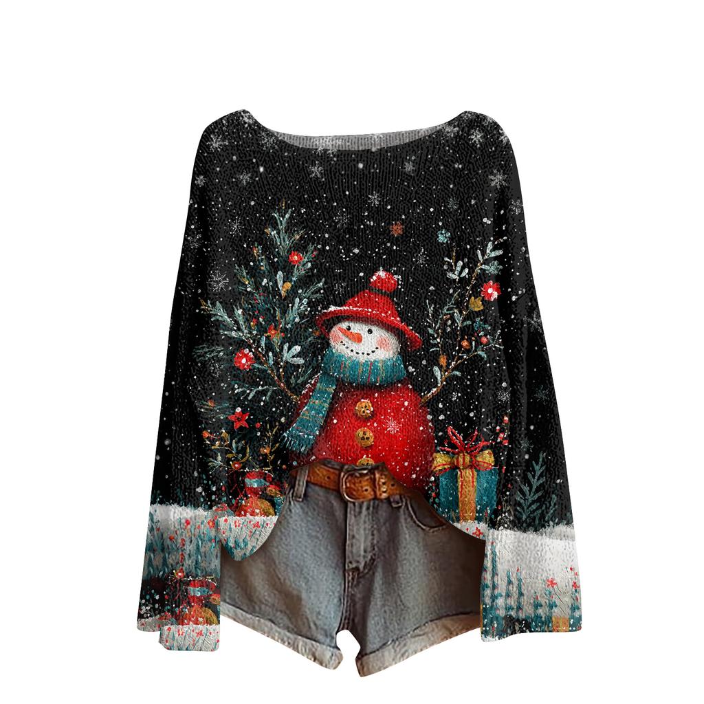 Women's Fashion Round Neck Long Sleeve Christmas Print Casual Pullover Sweater Top