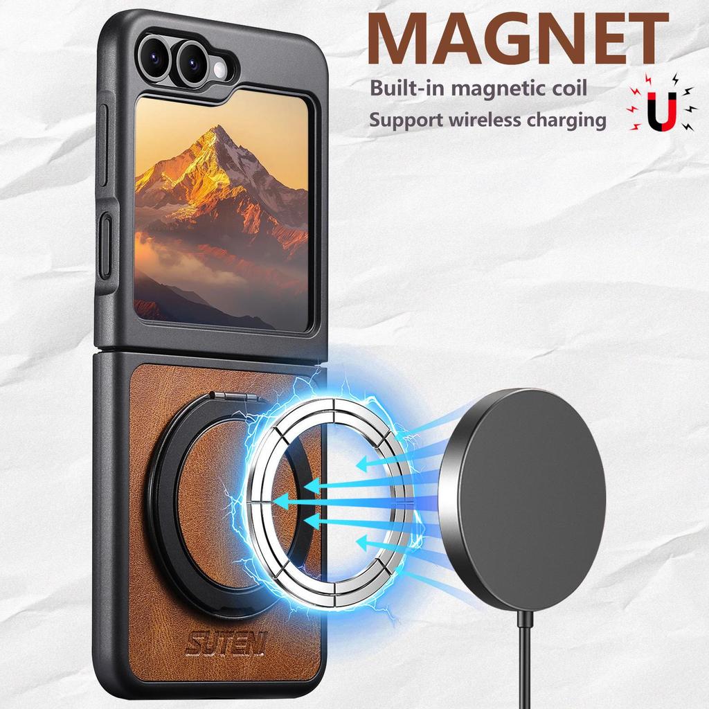 Samsung Z Flip Series Magnetic Wireless Charging Leather Case with 360° Rotatable Ring Stand