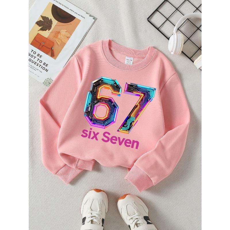 Girls' Long-Sleeve Round Neck Sweatshirt with Printed Neon Circuit Number Design, Suitable for Spring And Autumn, Fashionable And Casual