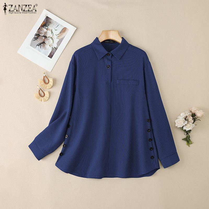 ZANZEA Women Turn Down Collar Loose Casual 3/4 Sleeve Stripe Blouse