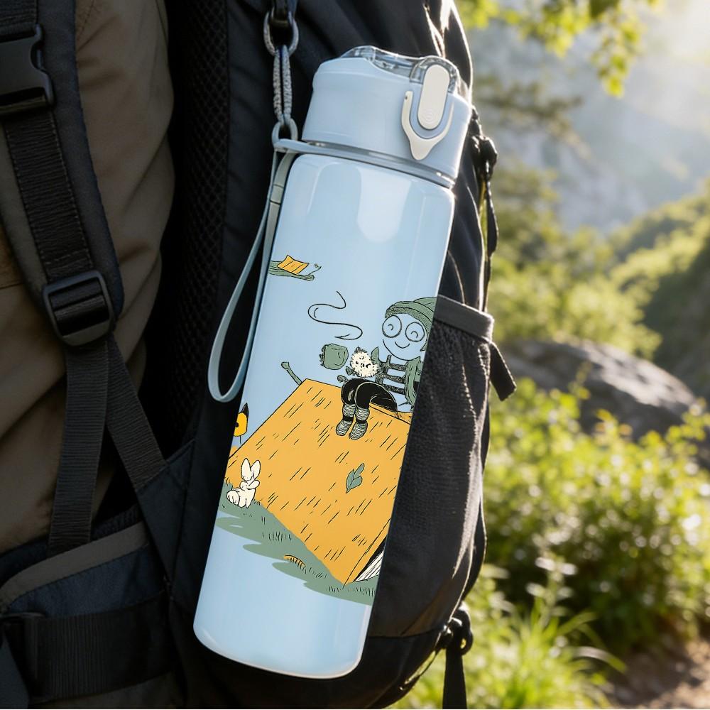 1PC Camping Tent Cartoon Art 750ml Color Plastic Sports Water Bottle Leakproof Flip Straw Lid Suitable for Sports Office Home Use