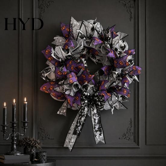 Halloween Spooky Wreath Mesh Ribbon for Front Door, Skull Pumpkin with Party Backdrop Bow, Purple Black Stripe Decorative Garland Doors Walls Windows
