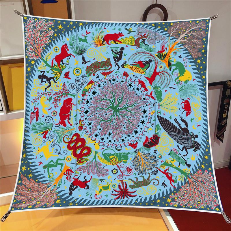 

90CM Luxury Square Zodiac Sign Twill Silk Scarf for Women Hijab Hair Band Neckerchief Female Shawl Ribbon Headband Wraps Bandana 90CM x 90CM