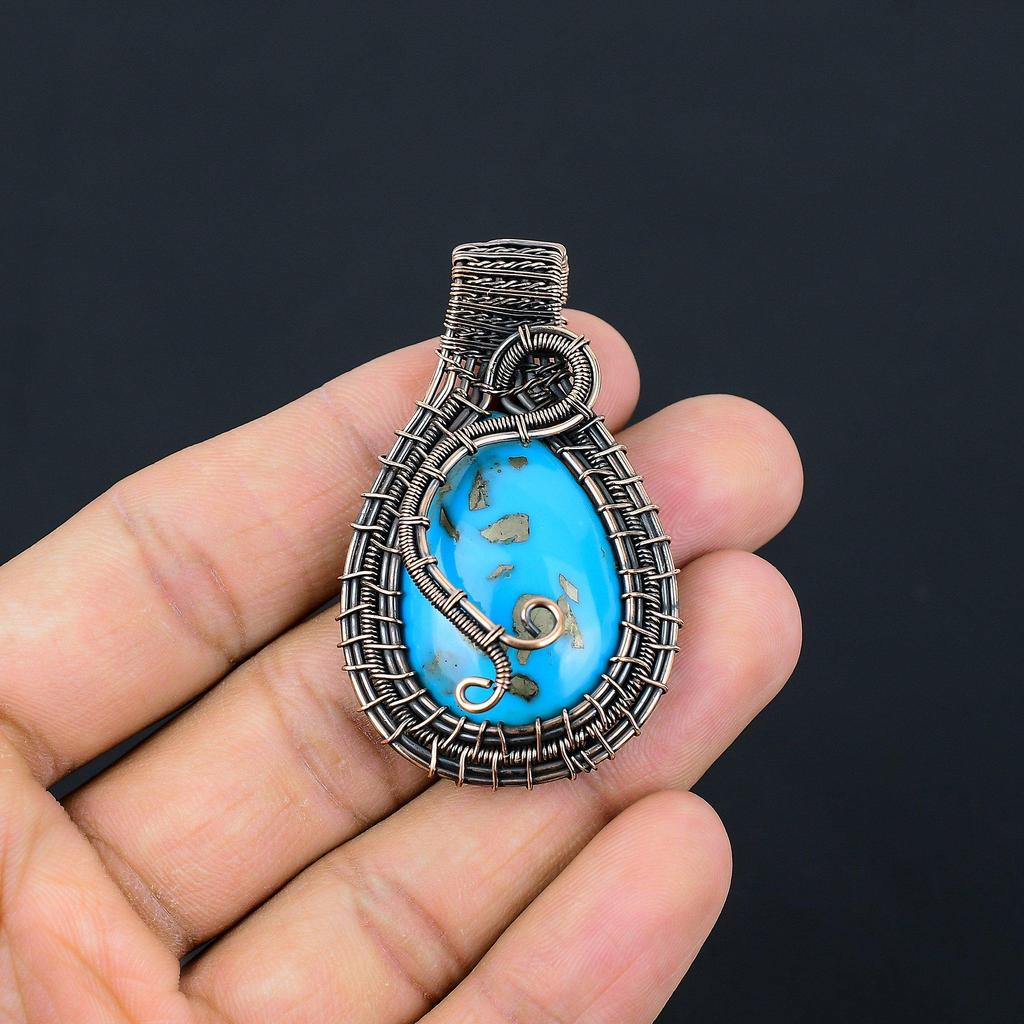 Irani Turquoise 999 Copper Wire Wrapped Pendant, Handmade Gemstone Pendant Jewelry, Gifts For Wife Brand New Pendant