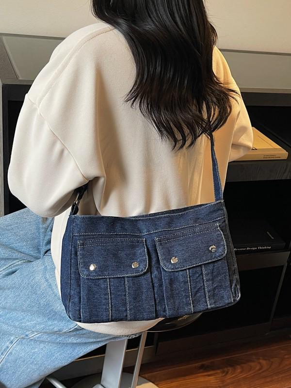 Large Capacity Denim Tote: Japanese & Korean Style, Workwear-Inspired, Versatile Daily Commute & Sports Crossbody Bag