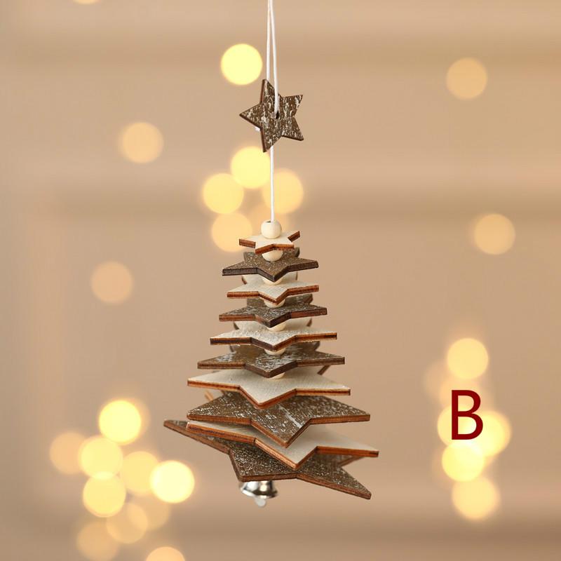 Christmas Wooden Bell Pendant, Creative Five Pointed Star Snowflake Christmas Tree Three-dimensional Small Hanging Decoration