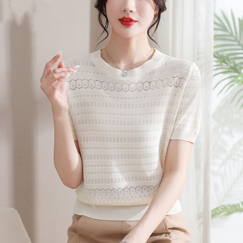 Short Sleeved Knitted Shirt for Women Round Neck Short Jacquard Top T-shirt for Women