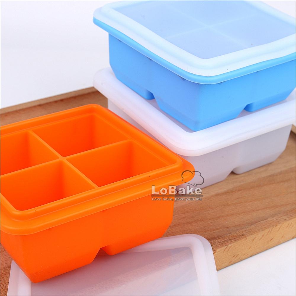 4 Cavities Silicone Ice Cube Box with Lid Cover Self-made Supplementary Food Making Box Freezer Refrigerator DIY Kitchen Gadgets