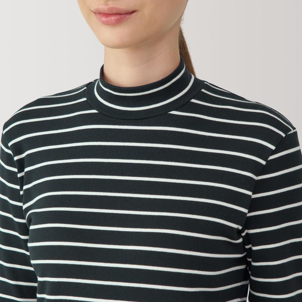 MUJI Brushed Milled Knit Black Size BB2QDA4A Women's High-Neck Long-Sleeve T-Shirt, Striped, L,