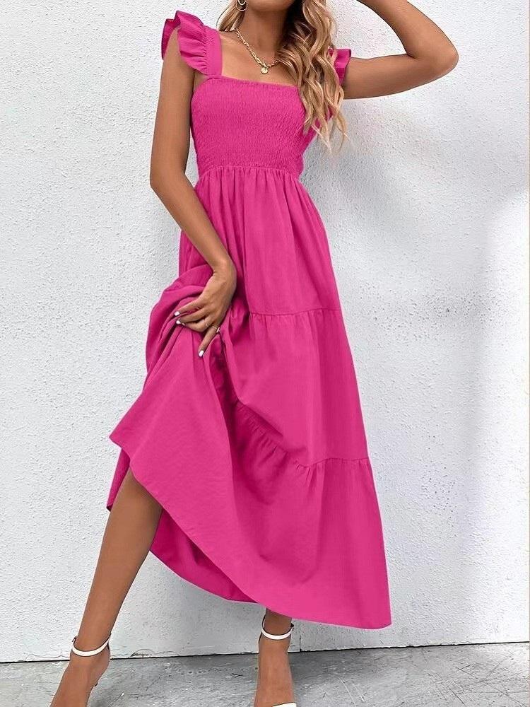 2026 Summer Square Collar Ruffles Sleeve Dress Women's Casual Elegant Solid Patchwork Pleated Empire Lady Party Dress Vestidos