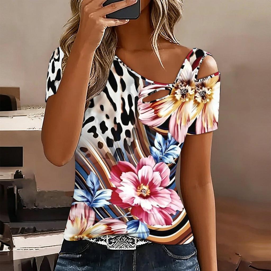 Women Diversified Flowers Print Cold Shoulder Short Sleeve T Shirt Irregular Cutout Neck Casual Summer Blouse Top