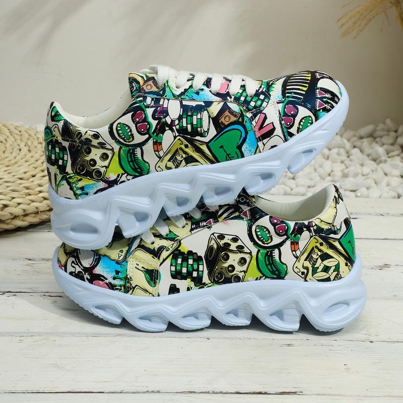 Zapatillas planas de moda para mujer 2024 Primavera y Otoño Nueva Moda Estampado Aleatorio Cómodas para Caminar con Cordones Zapatos Casuales Talla Grande