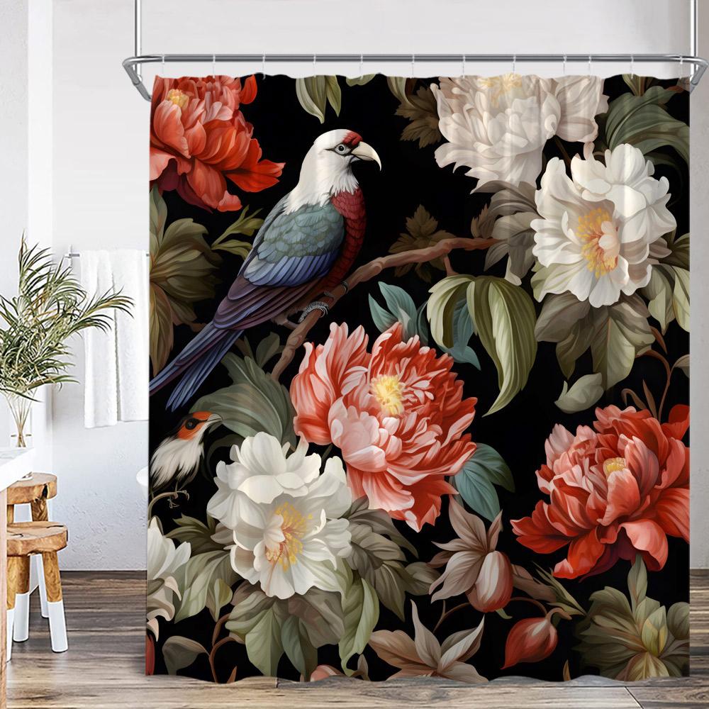 Tropical Leaf Parrots Shower Curtain Boho Vintage Floral Flower Hummingbird Plant Bathroom Decor Animal Print Modern Bath Curtai