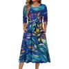 3/4 Sleeve Women's Dress Casual Flowy A,Line Midi Tshirt Dresses With Pockets Crewneck Vocation Boho Beach Sundress