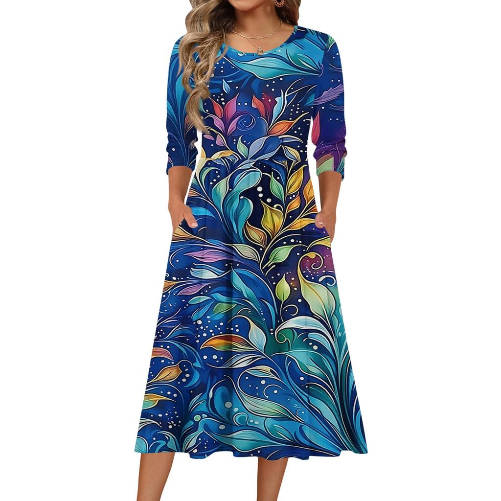 3/4 Sleeve Women's Dress Casual Flowy A,Line Midi Tshirt Dresses With Pockets Crewneck Vocation Boho Beach Sundress