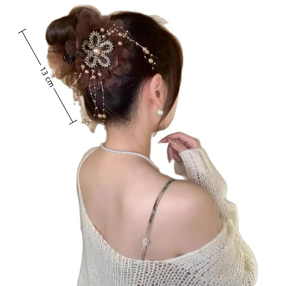 Mesh Sunflower Hair Claws Pearl Tassel Hair Gripper Elegant Shark Hairpins  Women Headdress