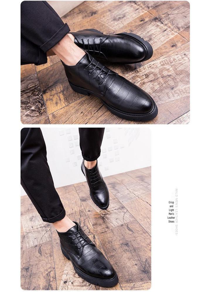 Men's High-Top British Style Leather Brogue Boots with Thick Sole and Height-Enhancing Pointed Toe.
